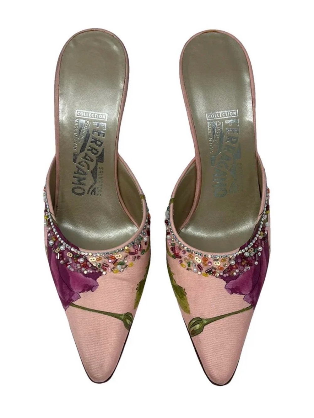 Vintage Salvatore Ferragamo Pink Floral Beaded Slip-On Mules - Picture 2 of 13